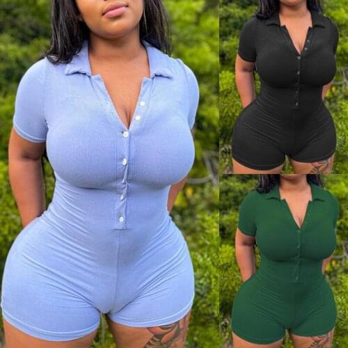 Summer Casual Bodycon Rompers Female Short Sleeve Lapel Single-breasted Slim Fit Solid Color Daily Wild Playsuit Clothes