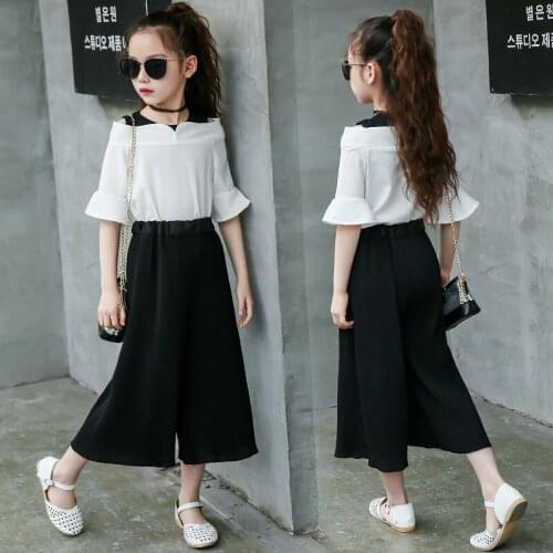 Summer Clothes Girls Slim-cut Chiffon Off Shoulder Top Wide Leg Pants Suit Children Flare Sleeve 2-piece Set Kid Clothing Outfit