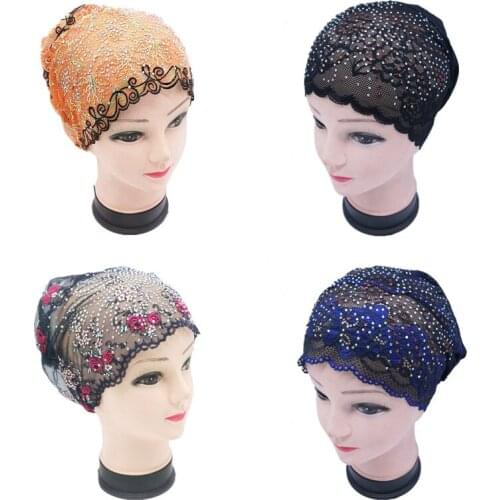 Muslim thin hat womens net gauze hat Baotu hat hot drilling lace hat bottom cap headscarf capwoman hat ladies hats