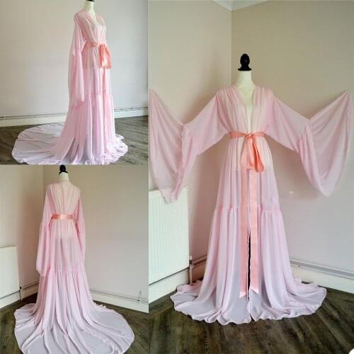 Soft Chiffon Women Sleepwear Custom Made Long Sleeves Nightgowns with Sash Long Party Night Robe