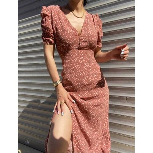 Eva Polka Dot Dress Tile Viscose Zipper Short Sleeve Trend Orange Slim