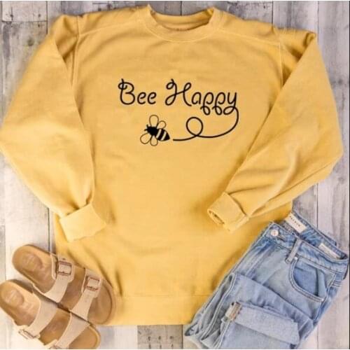 Bee Happy Sweatshirt Casual Stylish Tumblr Bee Harajuku Hoodies Bee Funny Cotton Graphic Aesthetic Jumper Tops Bee Happy Outfits