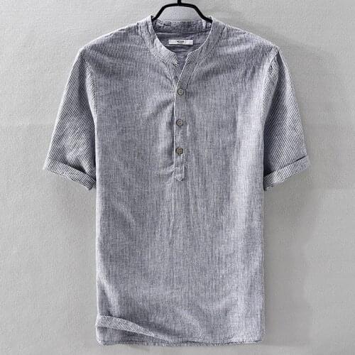 2018 New arrival short sleeve linen shirt men brand fashion casual men shirts flax blue-white cotton shirt mens loose camiseta