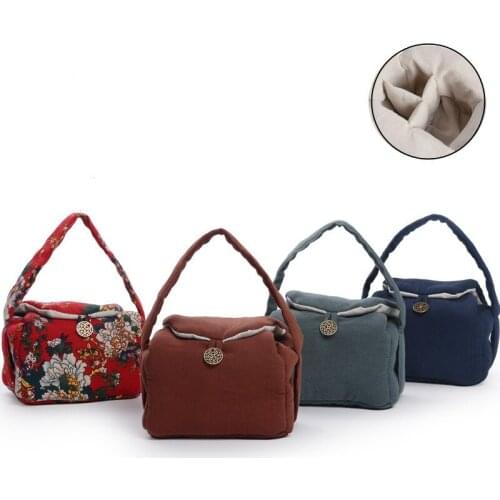 Handmade Portable Tea Set Cloth Bag with Handles Travel Storage Pouch Bags 1 Tea Pot 2 Tea cup 3 grid Cotton Linen Bag 1pcs