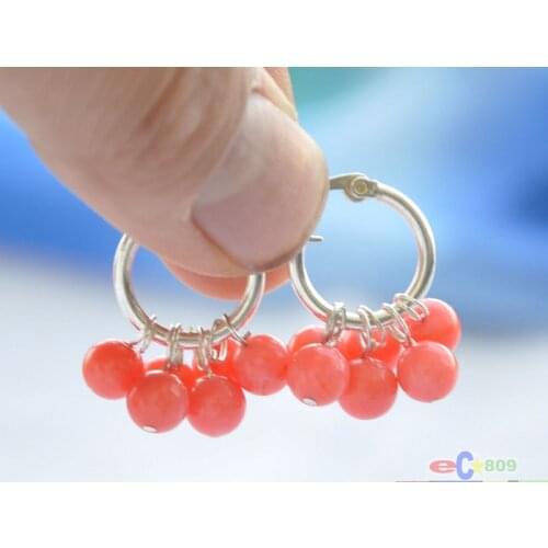 S1580 6mm natural pink coral round dangle earring 925silver