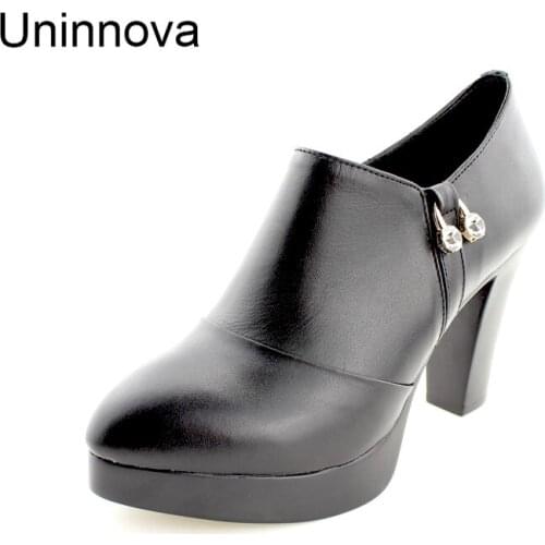 Uninnova 2017 Platform Crystal Pointed toe Womens Genuine Leather Shoes Office Work Career Super High Pumps Salto Alto WP108