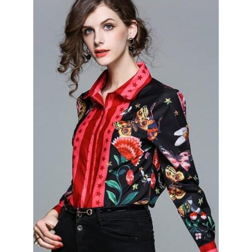 Spring summer womens long sleeve star flower print bow neck shirt female european fashion casual loose chic shirt blouse TB909