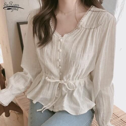 Fall 2021 Chic Lace Long Sleeve Shirt V-Neck White Blouse Sashes Casual Woman Clothes Women Blouses Shirts Chemisier Femme 9590