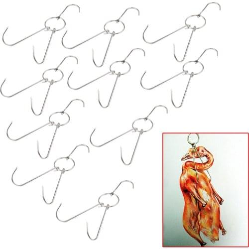10Pcs Stainless Steel Meat Duck Hook Bacon Hams Hanging Double Hooks 9.8" Long Kitchen