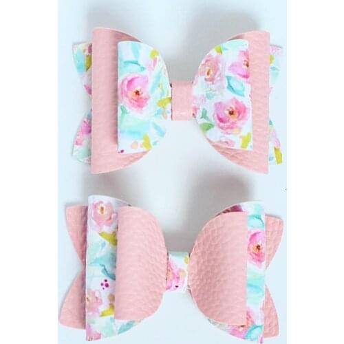 2PCS Leather Mix Lovely Flower Print Bow Cute Side Hair Clips Hair Accessories Girls Kids Children Hairpins Headwear Barrettes