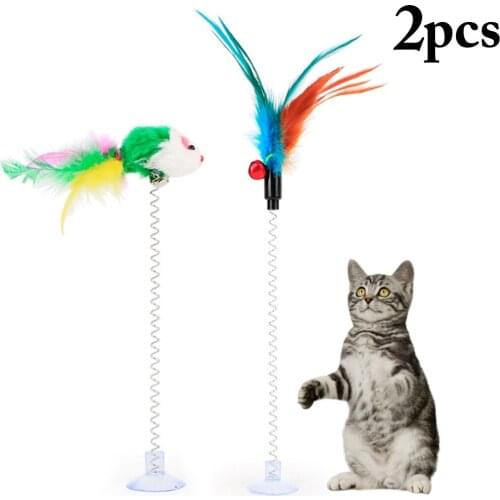 2pcs Pet Cat Toy Funny Interactive Suction Spring Cat Toy Cat Feather Wand Cat Teaser Pet Interactive Supplies for Cats