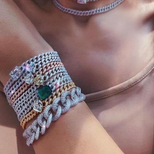 2021 Iced Out Miami Cuban Llink Chain CZ Bracelet 5A Cubic Zirconia Green Color Baguette Stone Hip Hop Fashion Punk Jewelry