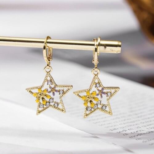 2021 New Korea Rhinestone Flower Drop Earrings for Women Trendy Hollow Star Dangle Earrings Statement Pendientes Jewelry