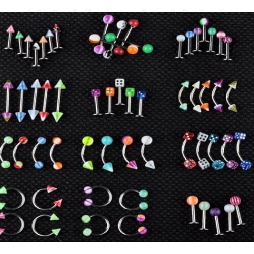 50 pcs/Lot Mix Style Acrylic Surgical Steel Eyebrow Navel Belly Lip Tongue Ring Nose Bar Rings Body Piercing Labret Piercing