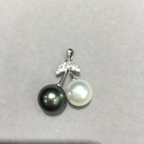 9-9.5MM natural tahiti pearl pendant cherry pendant 14K gold fine jewelry free shipping white and black mixed double pearl