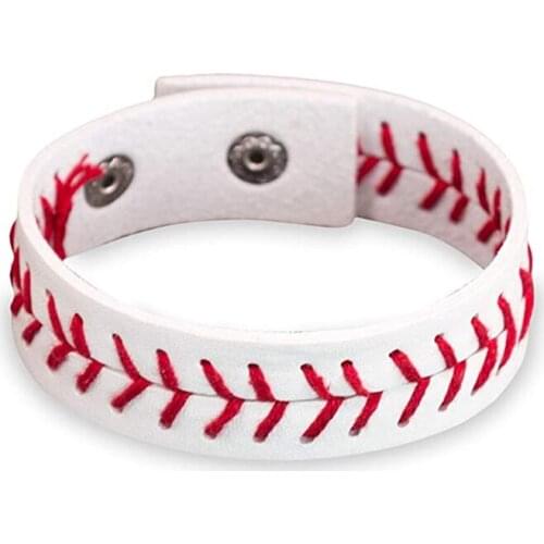 White Leather Baseball Seam Bracelet Wristband Jewelry, 2 Snaps