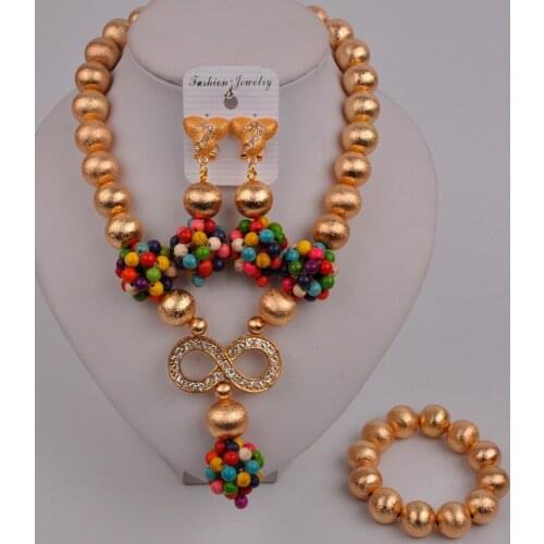 Dubai Gold Multicolors African Beads Jewelry Set Bridal Wedding Party Jewelry Gifts Nigerian Jewelry Sets 44-T-05