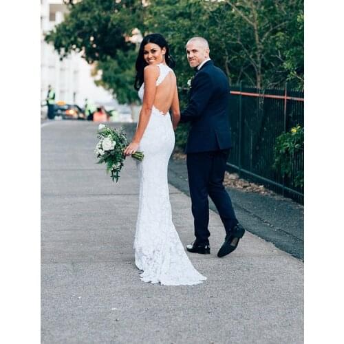 Elegant Boho Wedding Dress Open back Soft Stretch Lace Flattering Front Slit Bohemian Bridal Gowns