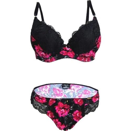 MiaoErSiDai Sexy Bra Set Printing Floral With Good Quality Lace Women Underwear Push Up Bra And Brief 32-38 A/B/C/D #801761