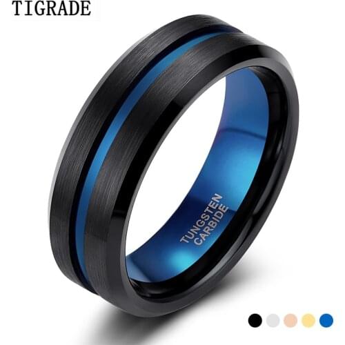 TIGRADE 8mm Men Black Tungsten Carbide Ring Thin Blue Line Wedding Band Vintage Men Jewelry Anime Anel Masculino Aneis Size 6-15