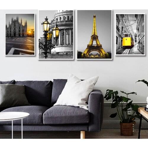 Church Lamp Paris Tower Bus Track Sunset Wall Art Canvas Painting Nordic Posters And Prints Wall Pictures For Living Room Decor