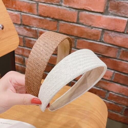 Vintage Straw Hairband for Lady Women Holiday Headband Solid Wide Side Bezel Hair Accessories Simple Hair Hoop