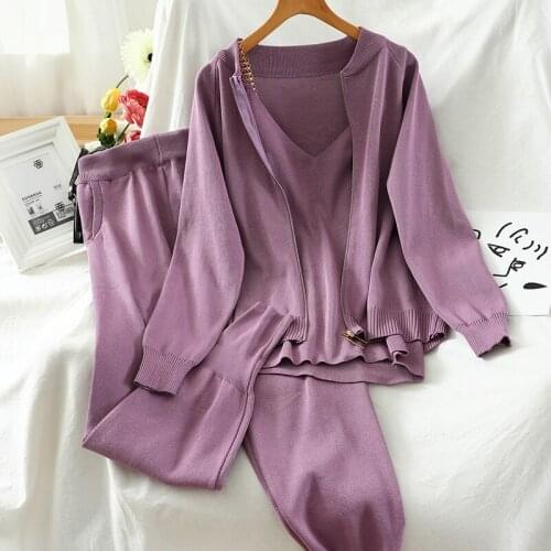 Autumn Winter Women Matching Sets Ankle-Length Harem Pants Slim O-Neck Cardigan Coat Metal Bottoming Sling Three-Piece Pant Sets