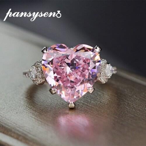 PANSYSEN 11ct Exquisite Heart Design Narutal Pink Quartz Rings for Women New Classic 925 Sterling Silver Jewelry Engagement Ring