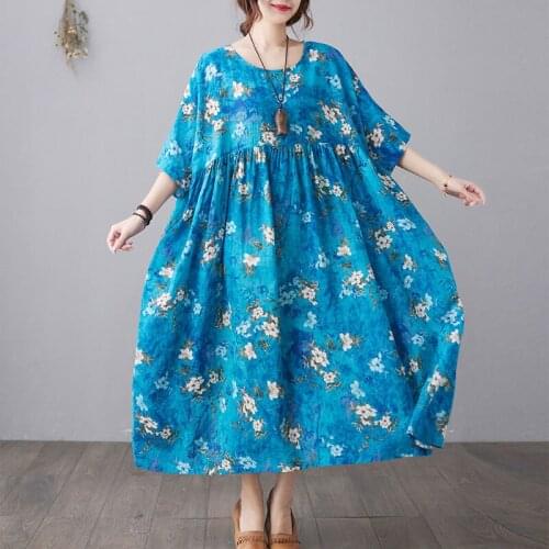 Plus Size Boho Maxi Dresses For Women 2021 Summer Fashion Printed Floral Cotton Linen Dress Female A-Line Beach Sundress Vestido