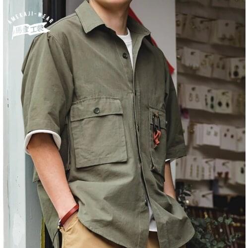 Maden Vintage Carabiner Shirts For Men Retro Loose Mountain Outdoor Short-sleeved Shirt Fold Over Army Green Oversize Shirts