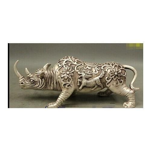 10" Sculpture of Rhinoceros Silver Carved Dragon Kylin Ferocity Rhino white Copper Statue Sculpture decoration factory outlets