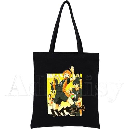 Haikyuu Unisex Handbags Custom Canvas Tote Bag Print Daily Use Reusable Travel Casual Shopping Bag Black