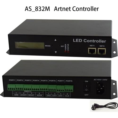 AS_832M LED Pixels Artnet Controller support SPI or DMX Signal 8outputs DMX8universes SPI32Universes AC100~240V