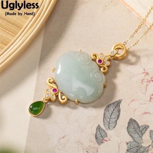 Uglyless Ethnic RUYI=All the best Gifts Jewelry Women China Chic Necklaces NO Chain Nature Emerald Gemstones Pendants 925 Silver