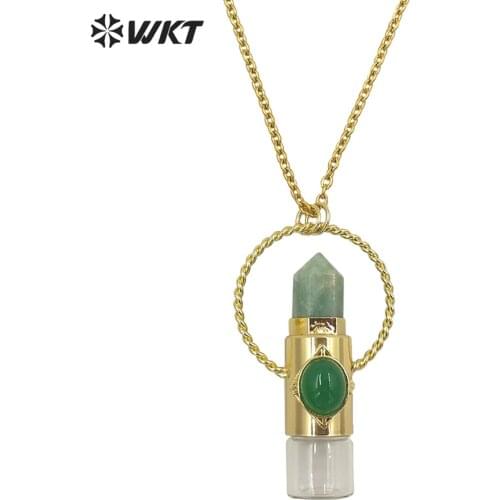 WT-N1308 Amazing fashion gold electroplated Spirit quartz natural stone perfume bottle necklace hexagon shape stone roller