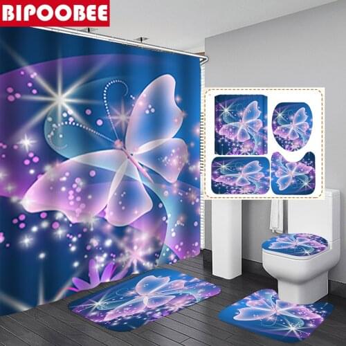 Fantasy Pink Butterfly 3d Shower Curtain Toilet Lid Cover Pedestal Carpet Waterproof Fabric Bathroom Curtains Bath Mat Set