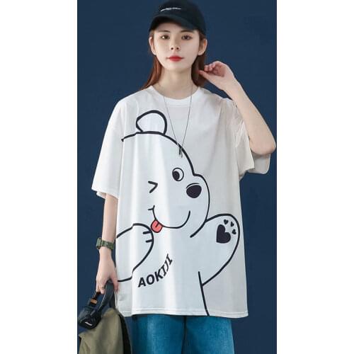Womens T Shirts Summer 2021 Harajuku Cute Style Girl Short Sleeves T Shirt Leisure Loose Round Neck Kawaii Long T Shirt Tops