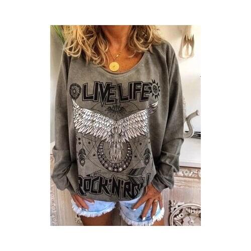 Spring And Autumn New Womens Round Neck Long Sleeve Casual Loose Print Womens T-shirt