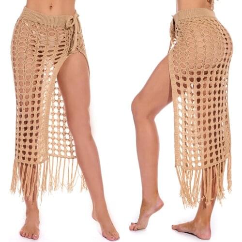 Women’s Sexy Sheer Hollow Out Beach Maxi Knit Skirt Split Tassels Beachwear Summer Crochet Cover Up Skirts
