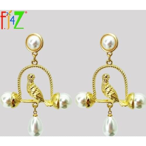 F.J4Z New Gorgeous Pearl Earrings Fashion Design Cute Bird in Cage Statement Earring for Women 925silver Needle Allergy free