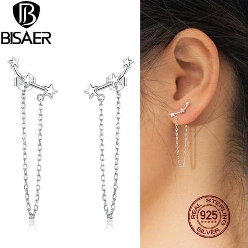 Star Earrings BISAER Long Chain female Earrings for Women 925 Sterling Silver Stackable Star Fashion Earrings Jewelry EFE361