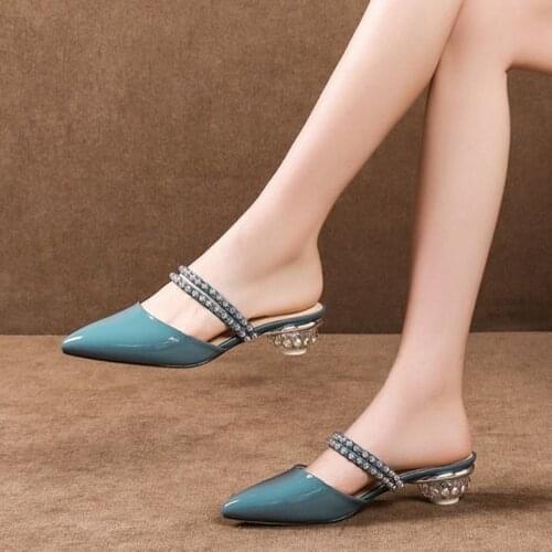 New Baotou Sandals And Slippers WomenS Mid-Heel Half Slippers Summer Fashion Shoes With Pointed Toe Crystal Soles
