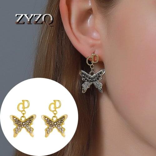 ZYZQ Korean Fashion Elegant Crystal Butterfly Women Earrings Simple Cute Female Stud Earrings Lady Vintage Rhinestone Brincos