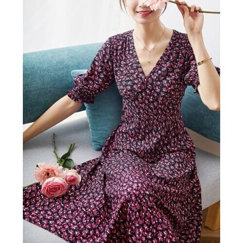 Small floral medium New length V neck short sleeve Printed Dress for women