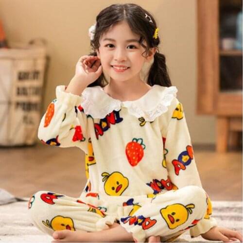 Winter Kigruumi Childrens Pajamas Warm Flannel Sleepwear Girls Nightwear Coral Fleece Kids Pyjamas Homewear Top+Pants Pijamas