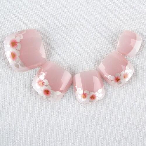 24pcs False Toe Nail Tips Full Cover French Fake Nails Medium Pre-designed Flower Pattern Toe Artificial Nail Art