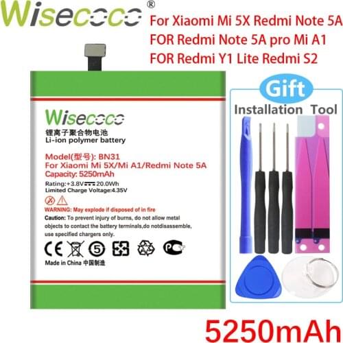 WISECOCO 5250mAh BN31 Battery For Xiaomi Mi 5X Mi5X / Redmi Note 5A For Xiaomi Mi A1 / Redmi Y1 Lite Phone+Tracking Number