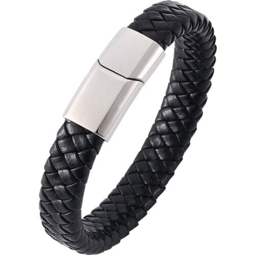 Free shipping Punk Men Jewelry Black/Brown Braided Leather Bracelet Stainless Steel Magnetic Clasp Fashion Bangles 18.5-20.5cm