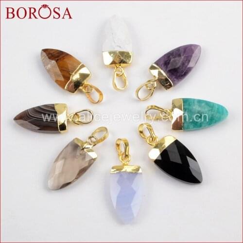 BOROSA 10PCS Stylish Gold Color Multi-kind Faceted Stones Shield Pendant Beads Natural Stone for Necklace/Earrings Jewelry WX902