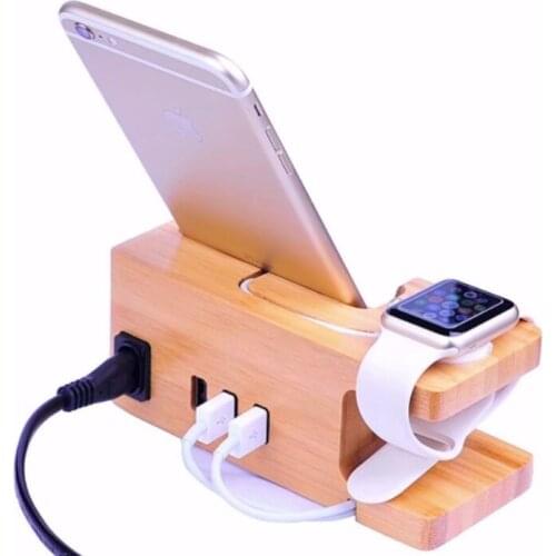 Mobile phone holder bamboo and wood desktop three-hole usb charging holder durable and practical